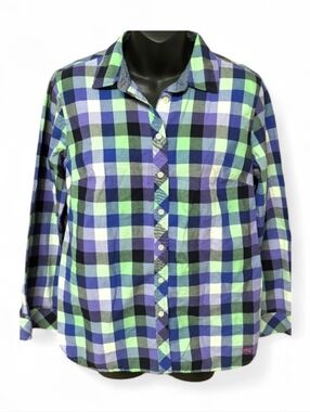 Talbot's Petites M Plaid Long Sleeve Button-Up Shirt Purple & Green 100% Cotton